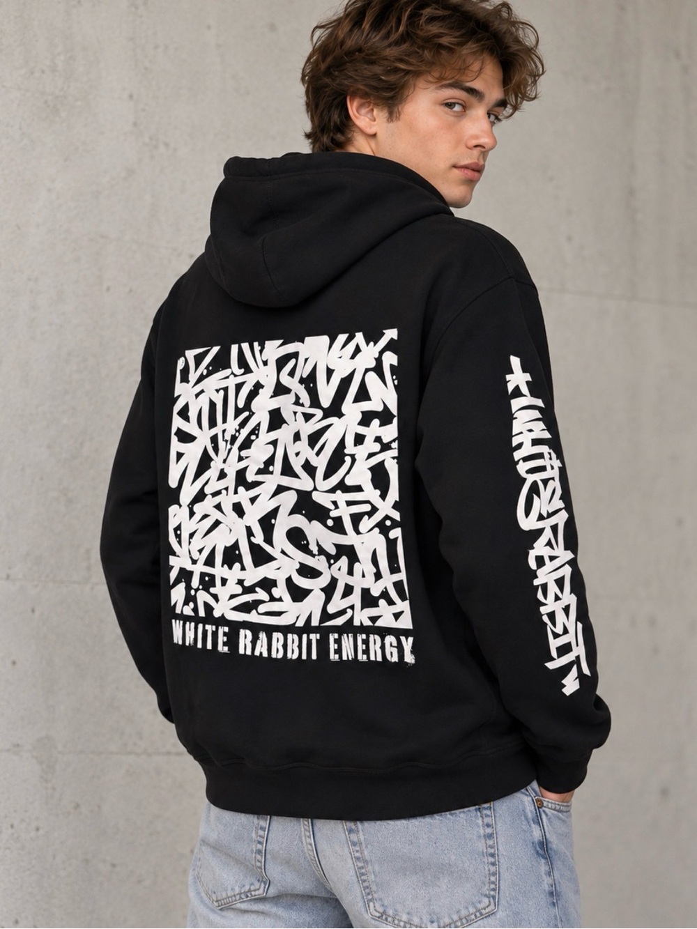 Heavyweight organic cotton Black Hoodie graffiti size XL Men or women streetwear